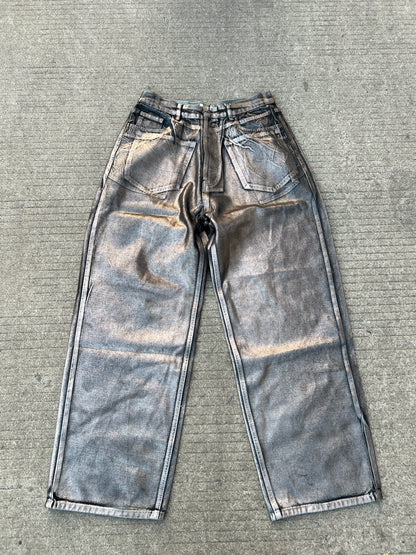 Distressed Brushed Wax Pocket Jeans Straight Wide Leg