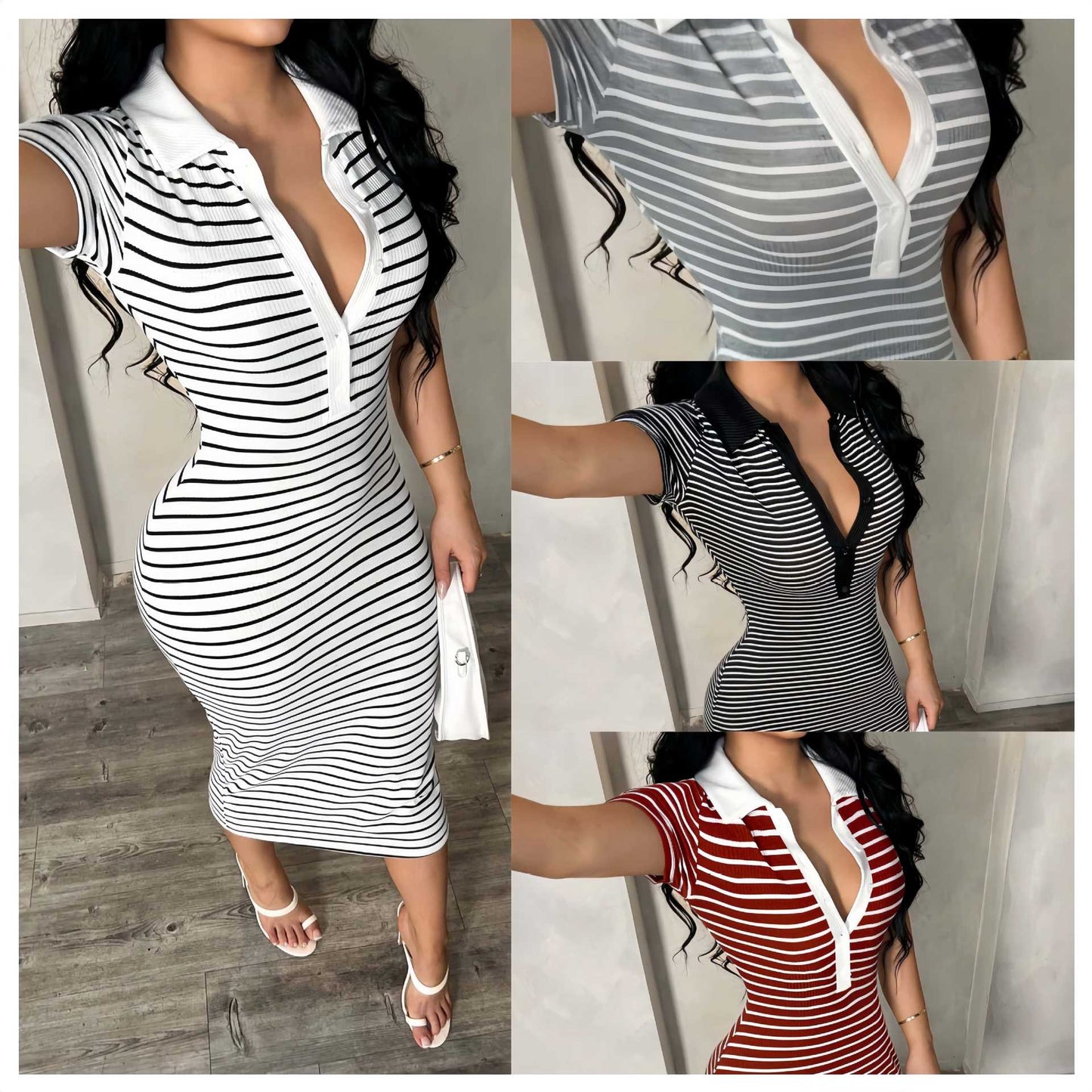 Womens Striped Knitted Midi Dress