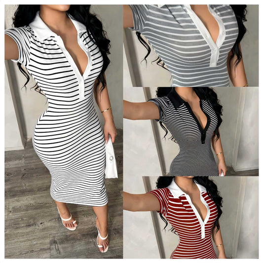 Womens Striped Knitted Midi Dress