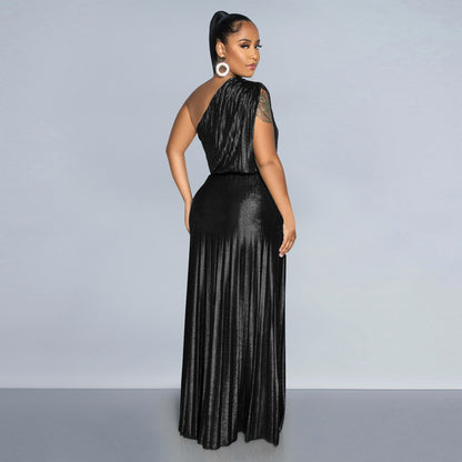 Amerikaans elegante schuine schouder effen geplooide jurk