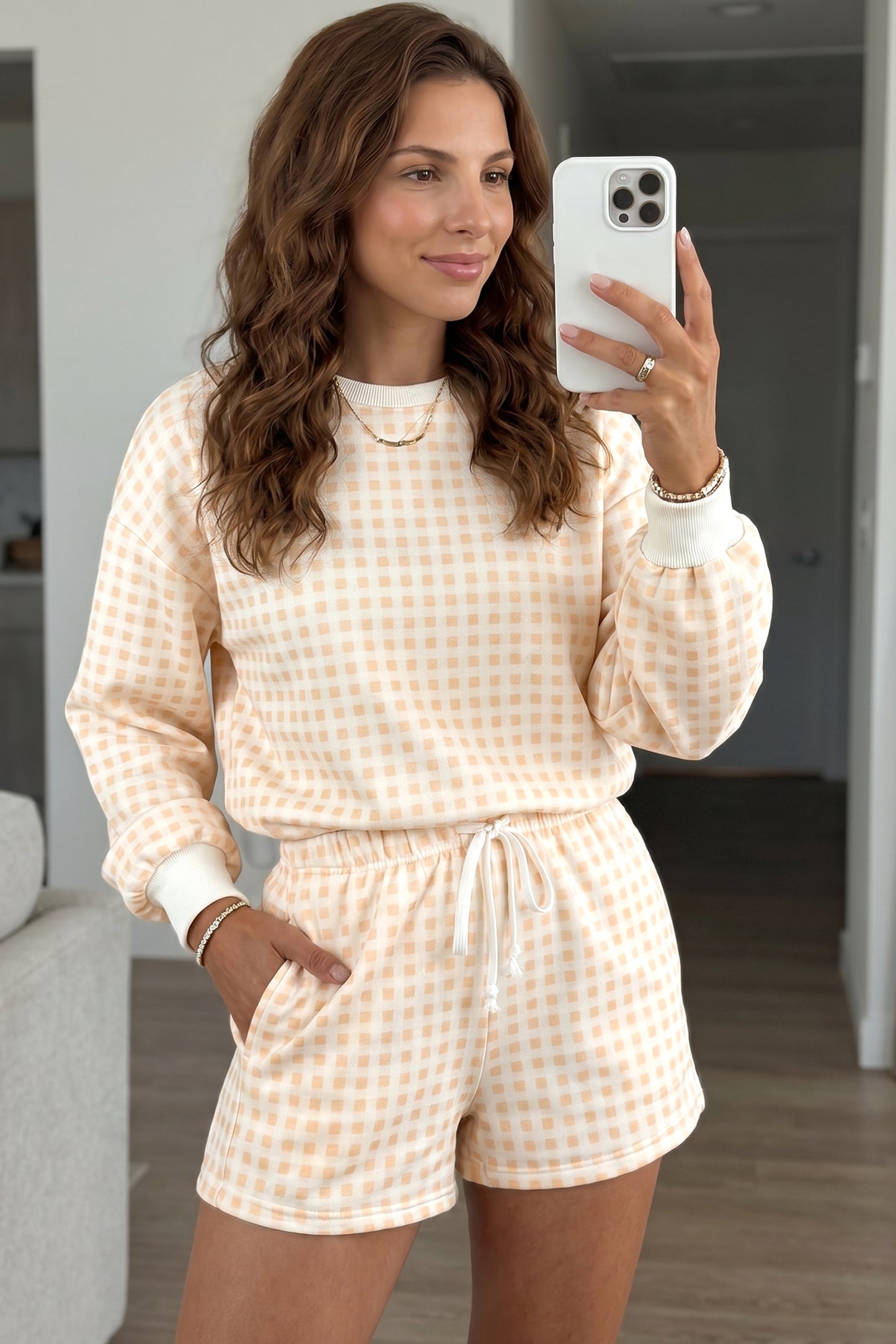 Geruite baggy pullover met trekkoord en casual shorts 2-delige set