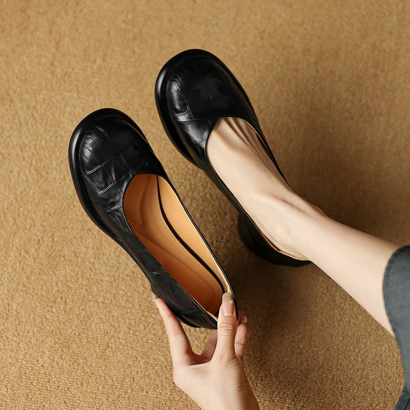 Womens Genuine Leather Round Toe Thick Heel Loafers Comfortable Retro Flats