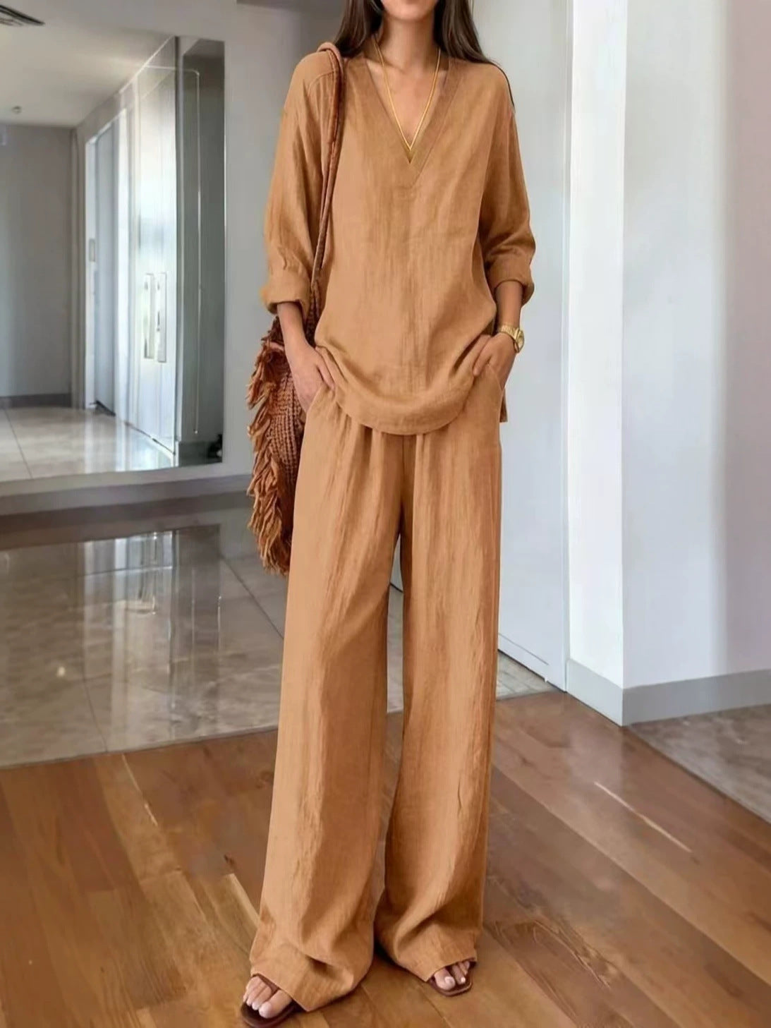 Women's V-Neck Linen Wide-Leg Two-Piece Set