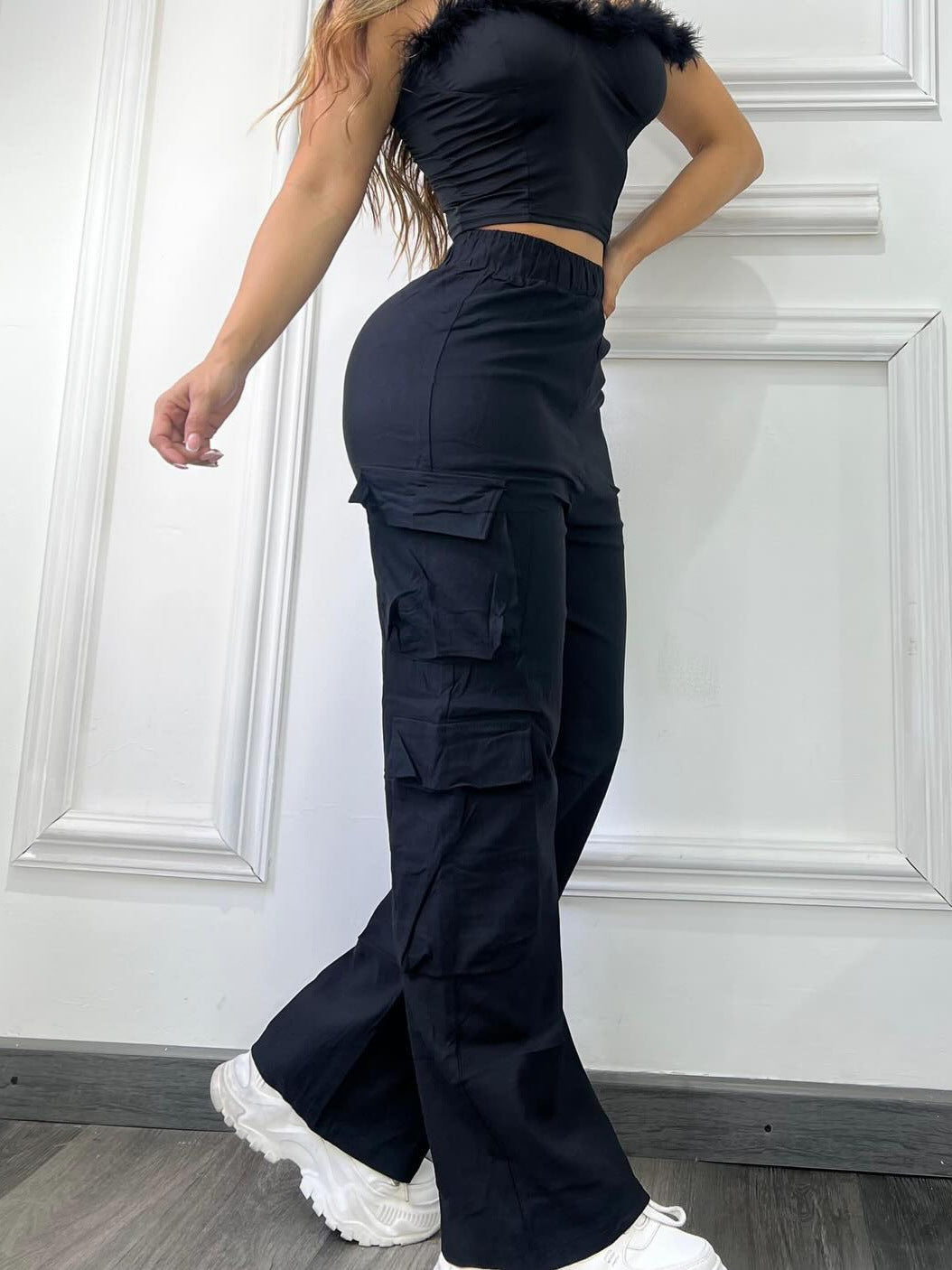 Women High-Waisted Wide-Leg Cargo Pants Multi-Pocket Casual Pants