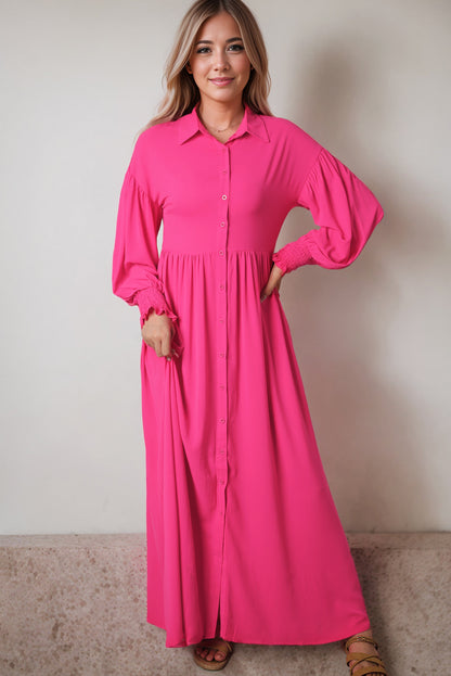 Roze maxi-jurk met ballonmouwen