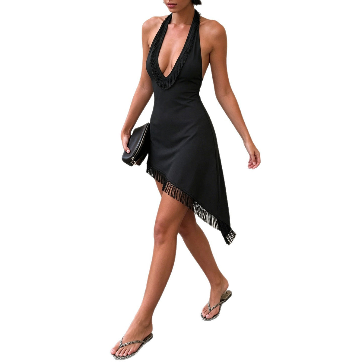Sexy Tassel Patchwork Deep V Halter Neck Dress