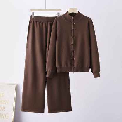 Women Thickened Half-High Neck Knit Suit Long Sleeve Zipper Button Solid Color Casual Two-Piece Set