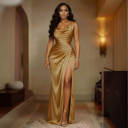 Women Satin Sleeveless High Waist Elegant Long Party Dress