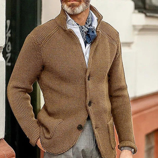 Mens Thick Knit Cardigan Sweater with Buttoned Lapel