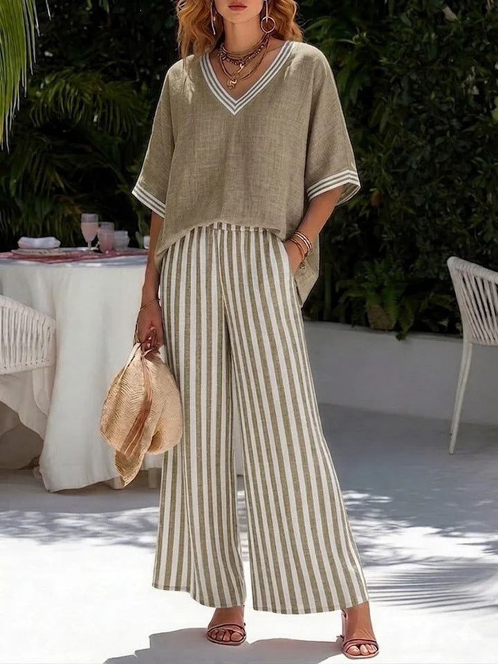 Linen-Cotton Set: Loose V-Neck Short-Sleeve Top and Striped Wide-Leg Pants