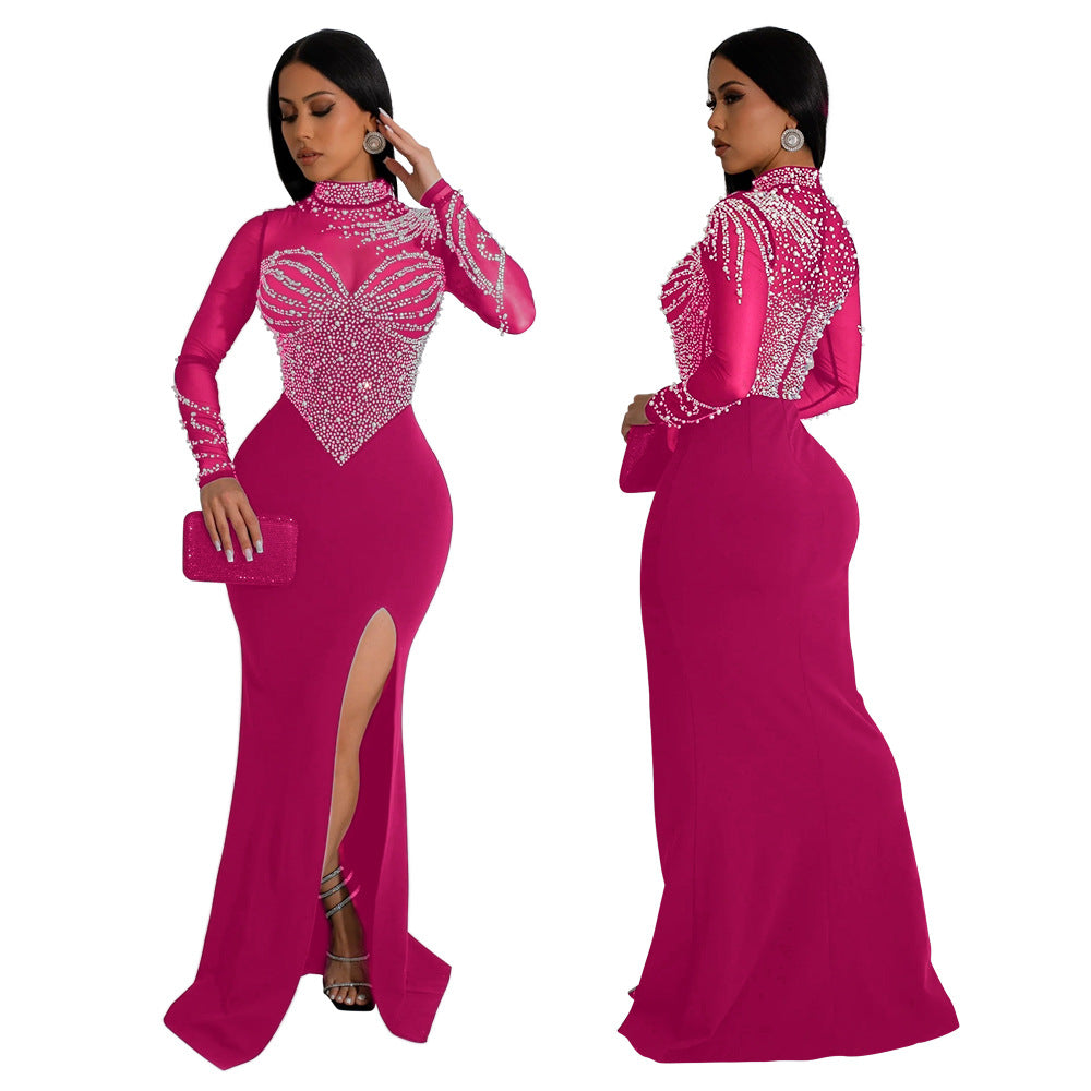 Rhinestone High Slit Mesh Evening Dress