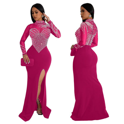 Rhinestone High Slit Mesh Evening Dress