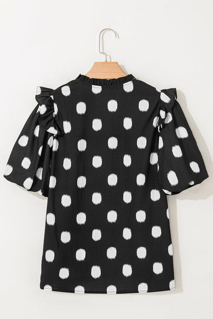 Blouse met stippenprint gesmokte halslijn en korte ballonmouwen