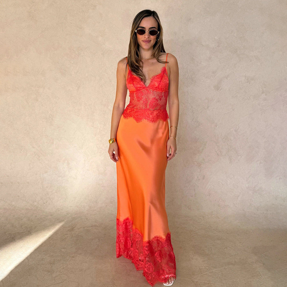 sexy strapless lace-embroidered long dress