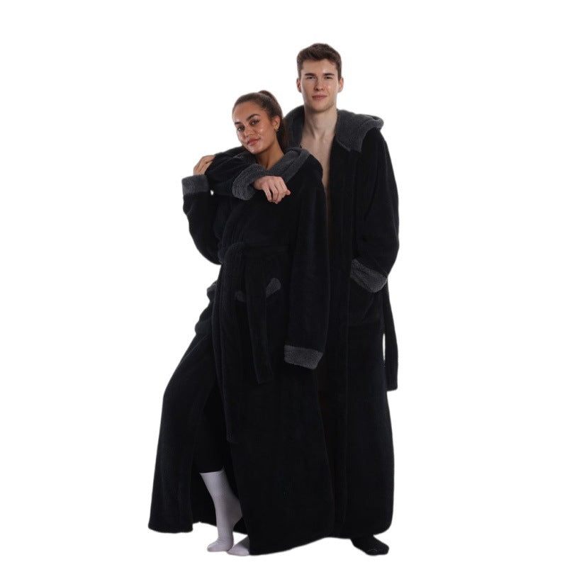 Hooded Solid Color Fleece Bathrobe with Belt Ankle Length Warm Couple Loungewear