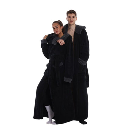 Hooded Solid Color Fleece Bathrobe with Belt Ankle Length Warm Couple Loungewear
