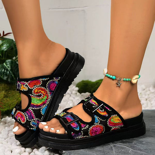 Women's Thick-Soled One-Word Buckle Casual Slippers
