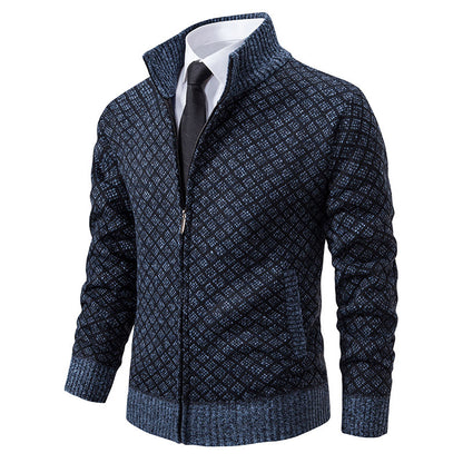 Autumn and Winter Velvet Thickeneded Casual Cardigan Sweater Men's Stand-Up Collar Outer Hooded Zipper Knitted Sweater Jacket