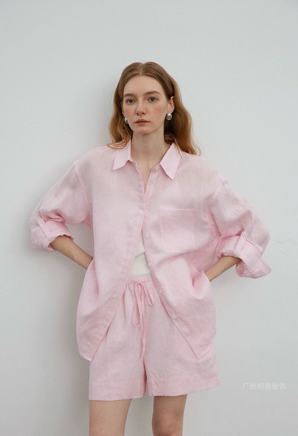 Womens Linen Casual Oversized Shirt Shorts Set