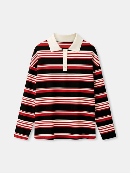 Retro Color-Block Striped Long-Sleeve Polo Sweatshirt,