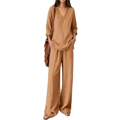 Women's V-Neck Linen Wide-Leg Two-Piece Set
