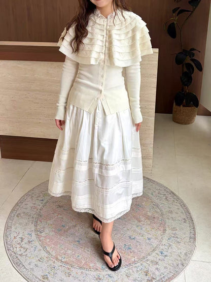 French Style Lace Splicing Floral Pleated A-Line Skirt
