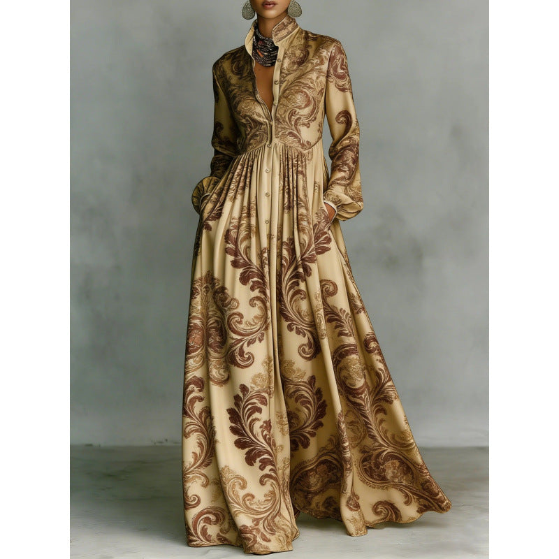 Elegant Waist-Cinching Floral Printed Long Sleeve Dress for Women