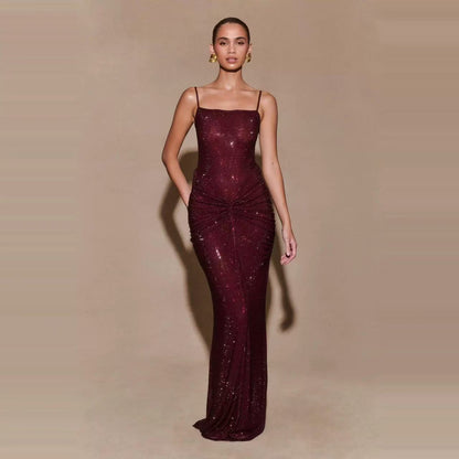 French Sling Backless Gathered Dress