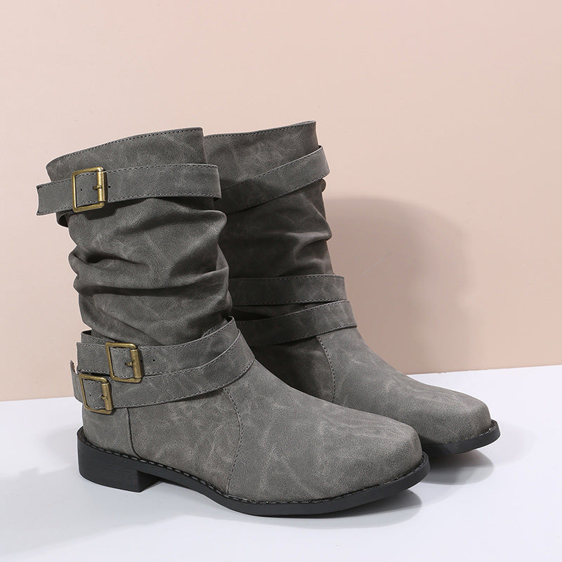 Womens Belt Buckle Low Heel Mid-Calf PU Leather Martin Boots