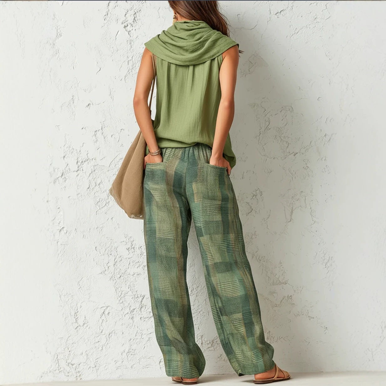 Sleeveless top with plaid pants