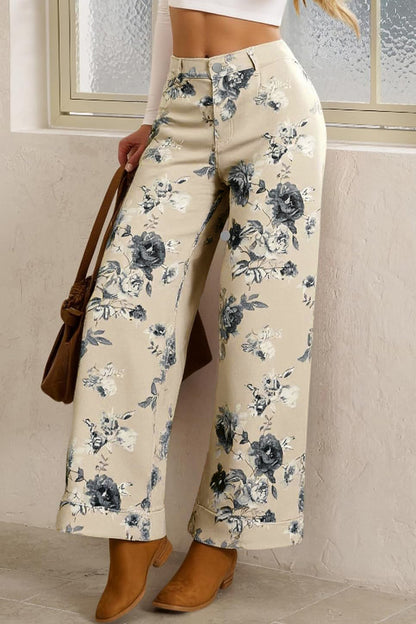 Beige retro jeans met bloemenprint en omgeslagen pijpen