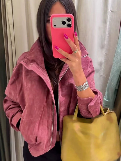 Women's Solid Stand Collar Zipper Non-Iron Bomber Jacket