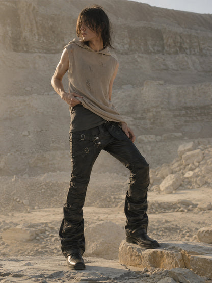 Unisex Multi-Pocket Deconstructed Layered Coated Slightly Flared Denim Jeans