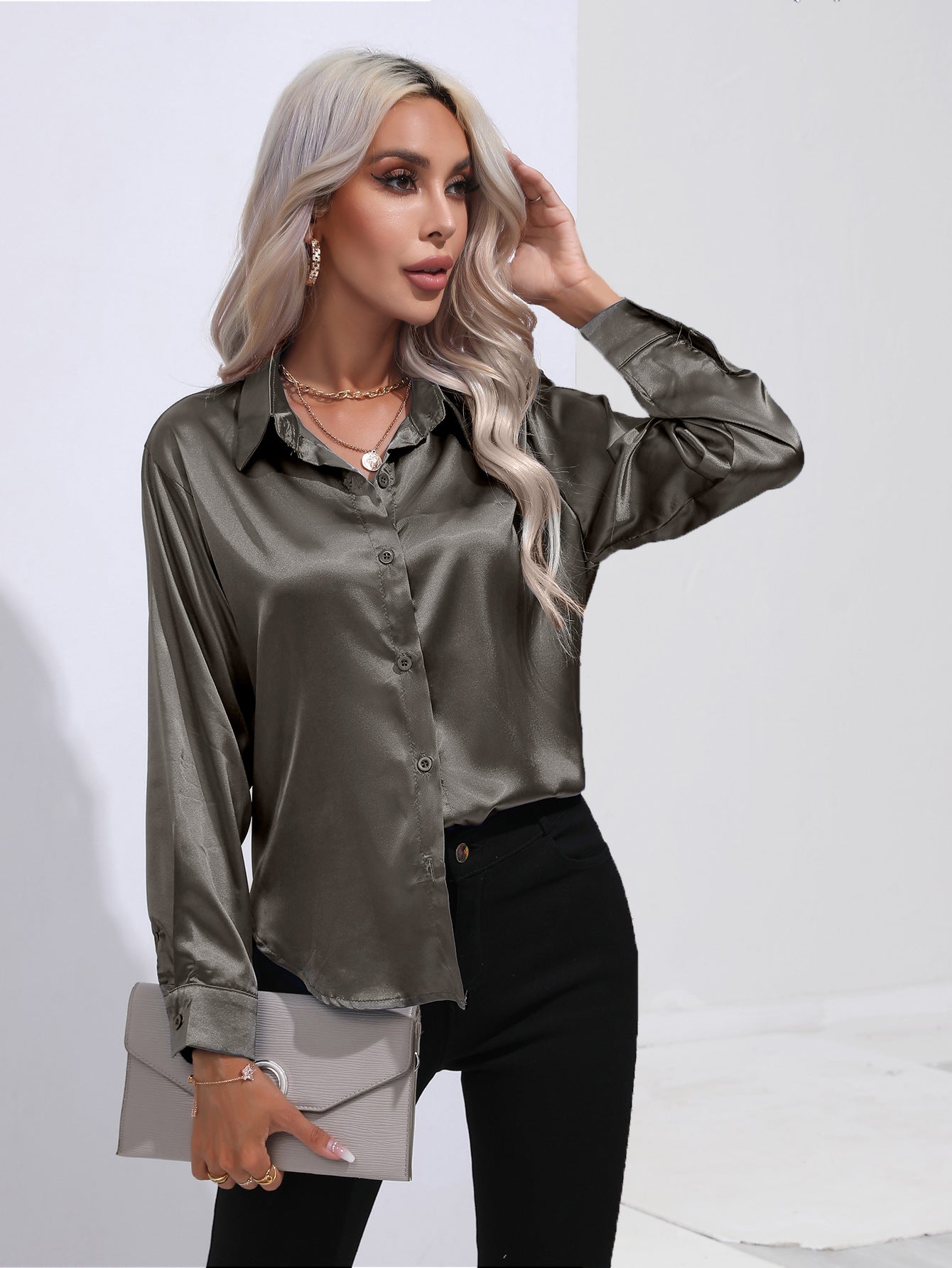 Womens Long Sleeve Satin Shirt