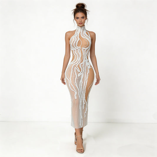 Elegante jurk van spandex met parelversiering