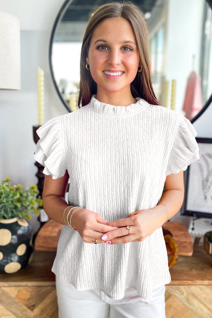 Effen blouse met textuur en ruches korte mouwen