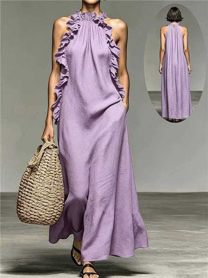 Women Sleeveless Halter Neck Ruffle Dress