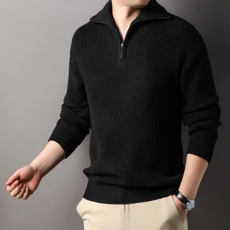 Men's Solid Color Long-Sleeve Turn-Down Collar Knitted Sweater