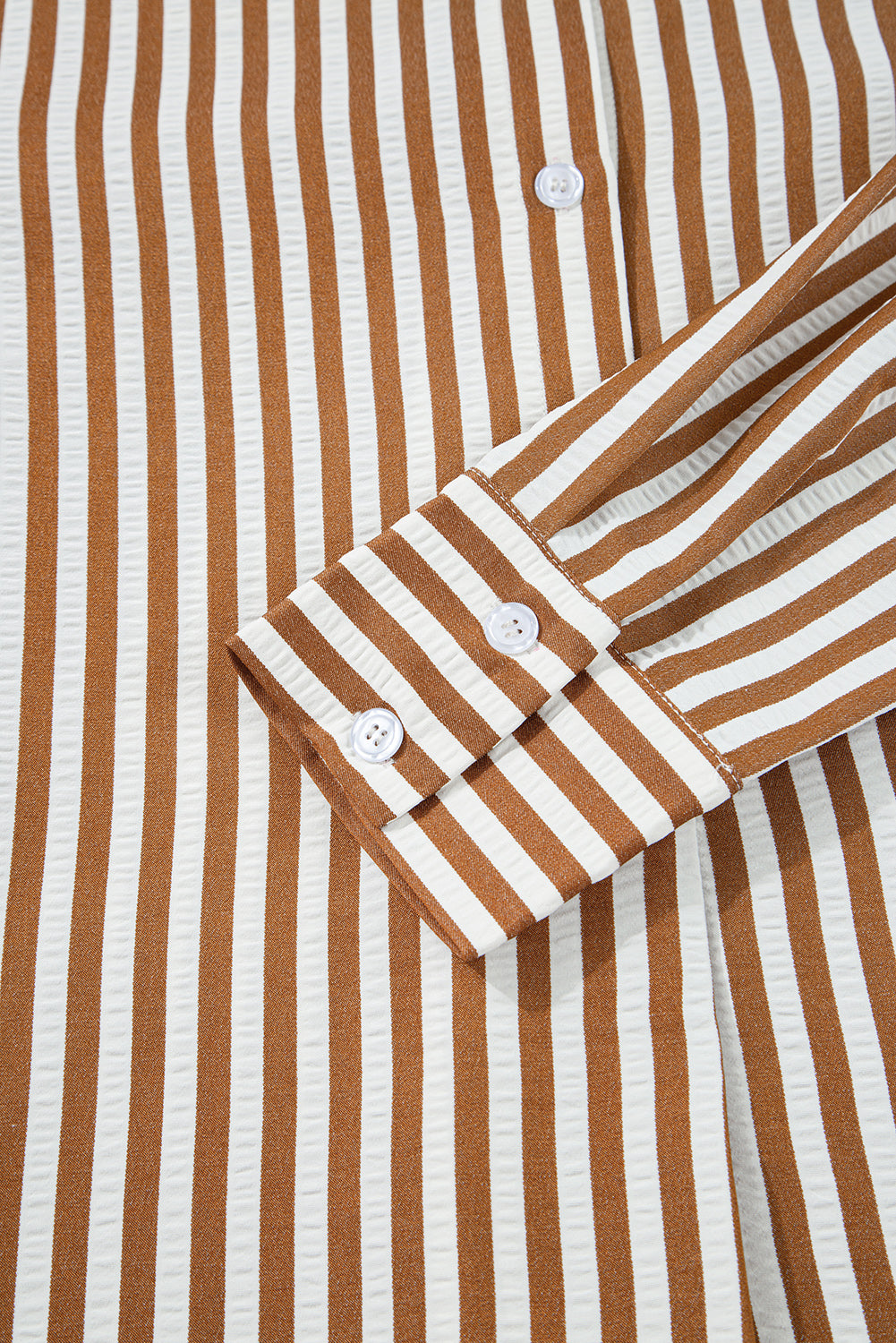 Bruin gestreepte blouse-jurk met ruches aan de zoom kraag en lange mouwen