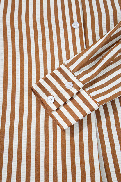 Bruin gestreepte blouse-jurk met ruches aan de zoom kraag en lange mouwen