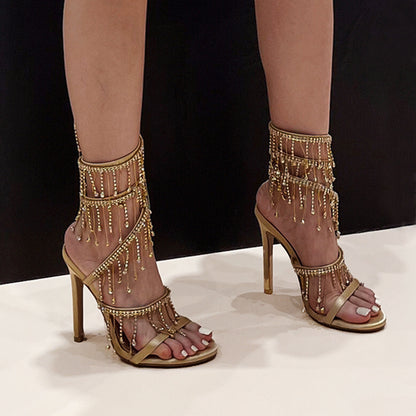 Black Gold Rhinestone Stiletto High Heel Sandals