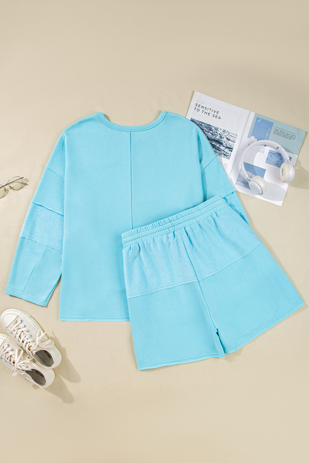 Aruba blauwe effen pullover top  en shorts met onafgewerkte zoom plus size
