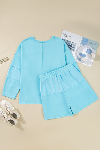 Aruba blauwe effen pullover top  en shorts met onafgewerkte zoom plus size