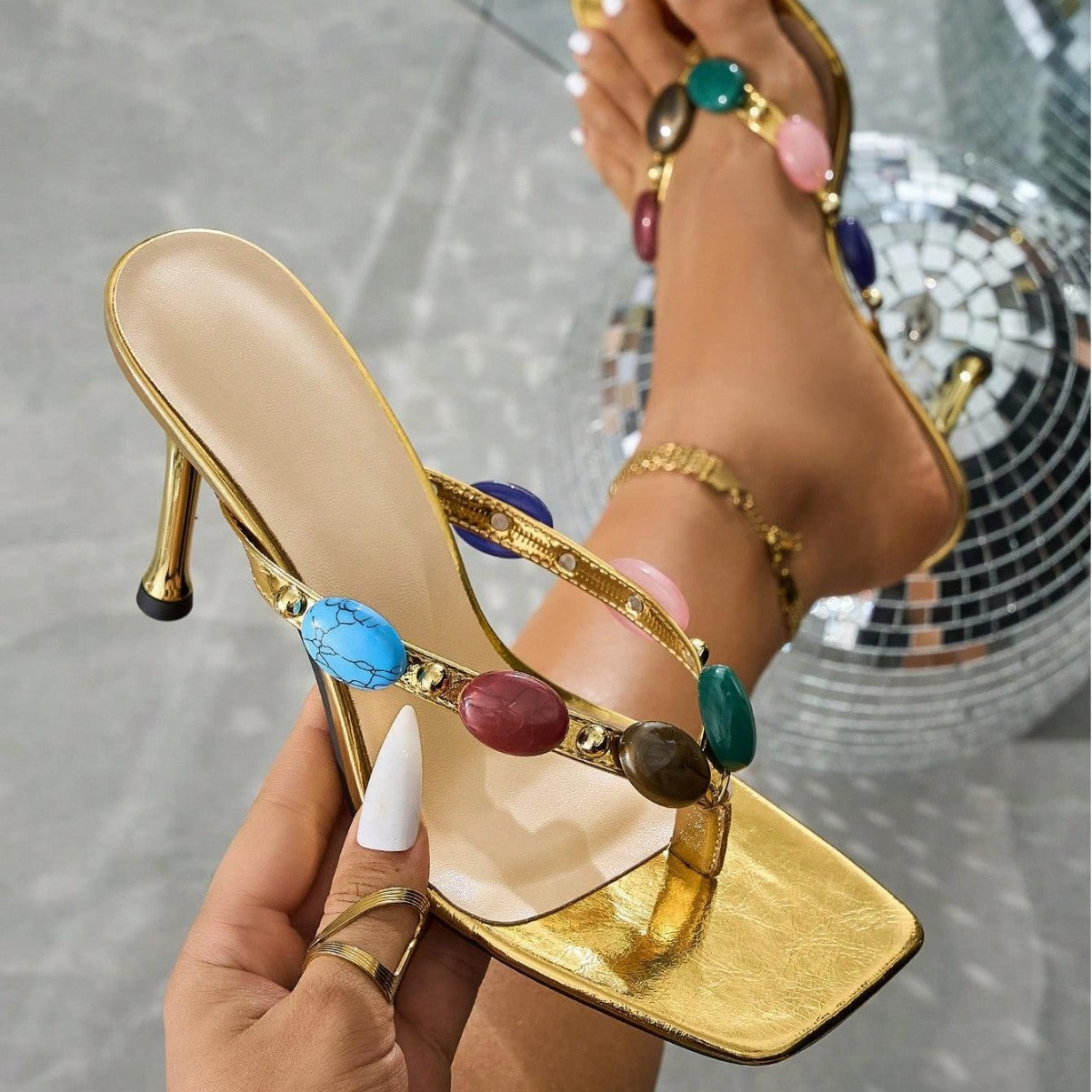 Women Square Toe Gemstone Stiletto Sandals