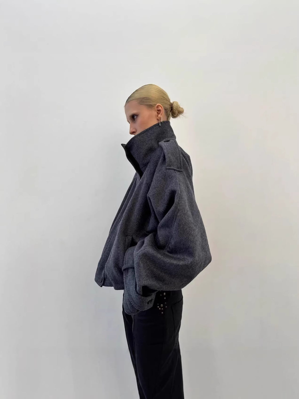 Womens Stand Collar Wool Blend Coat
