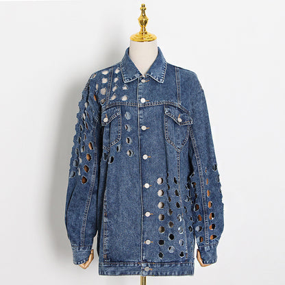 Revers Hollow Design Pure Color Tied Loose Denim Jacket