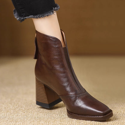 Womens Retro Square Toe Thick Heel Boots Back Zipper Fashion Ankle Boots
