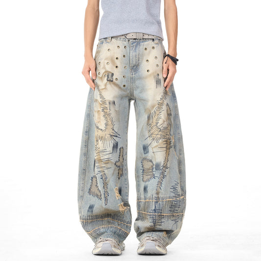 Distressed Embroidery Wide Leg Jeans