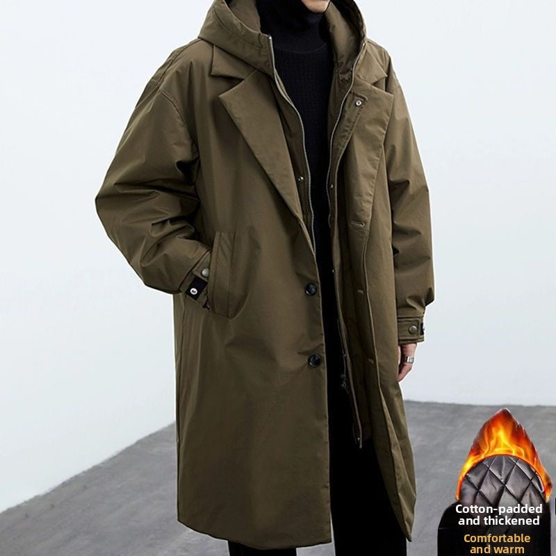 Men's two-piece hooded mid-length warm trench coat overcomes extra-thick