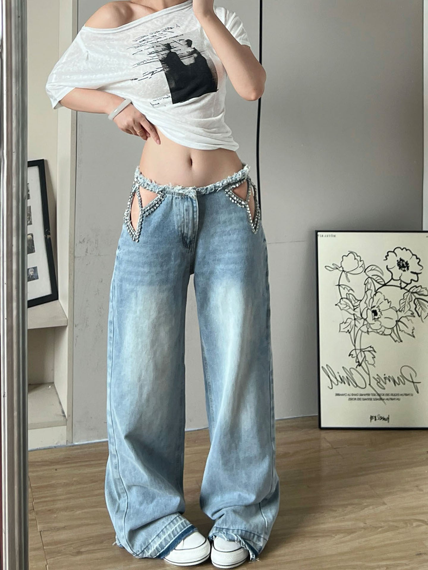 Star Hollow-Out Rhinestone Jeans Loose Wide-Leg Pants